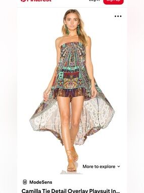 Camilla Tie Detail Overlay Playsuit High Low Silk Kaftan Romper Multicolor Large
